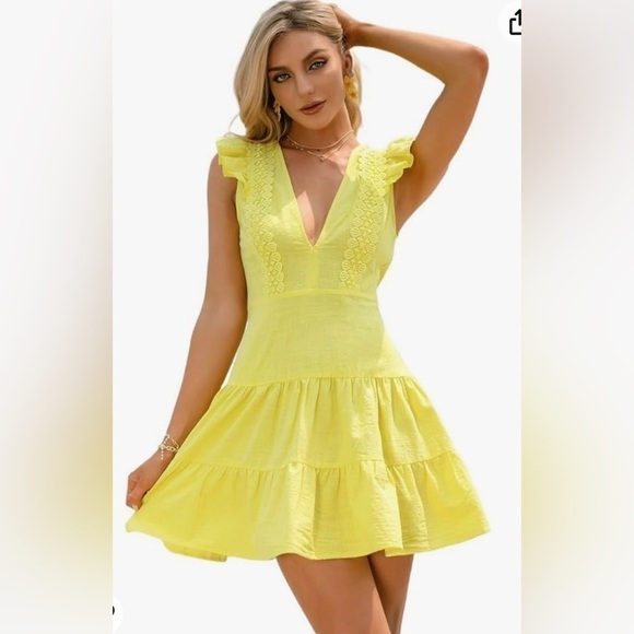 Double Crazy Yellow Ruffle V-Neck Ruffle Backless‎ Sundress - Picture 1 of 7
